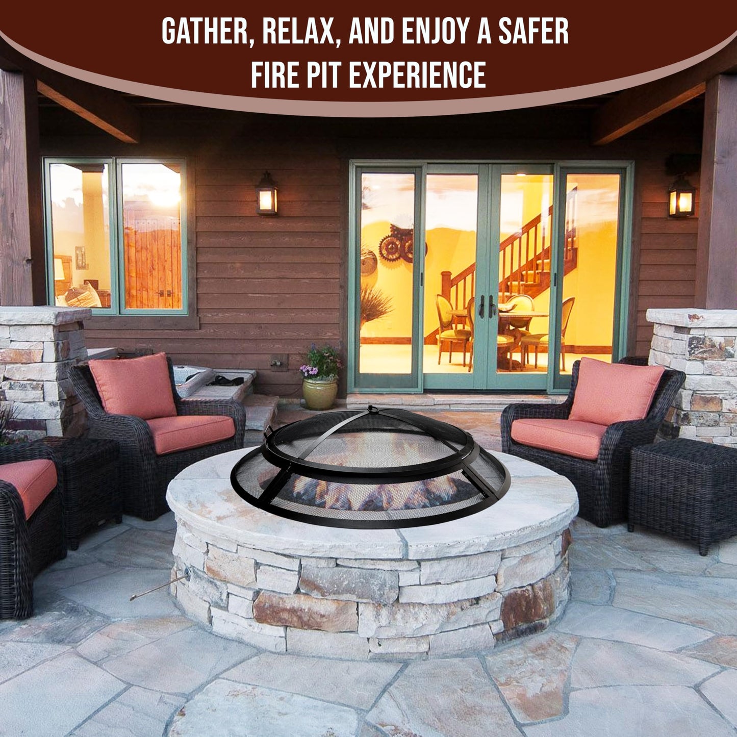 40 Inch Fire Pit Spark Screen Replacement – Heavy Duty Open Top Fire Pit Screen with Handle & Hooks, Round Fireplace Spark Guard Cover for Fire Ring Replacement, Outdoor Fireplace Safety Screen..