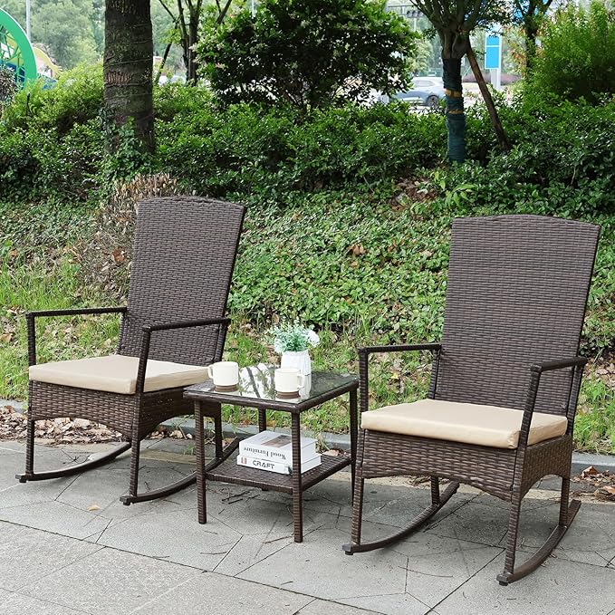 Outdoor Rocking Chair 3 Pieces High-Backed Rocking Chair Patio Rocking Chairs Outdoor Table, Khaki