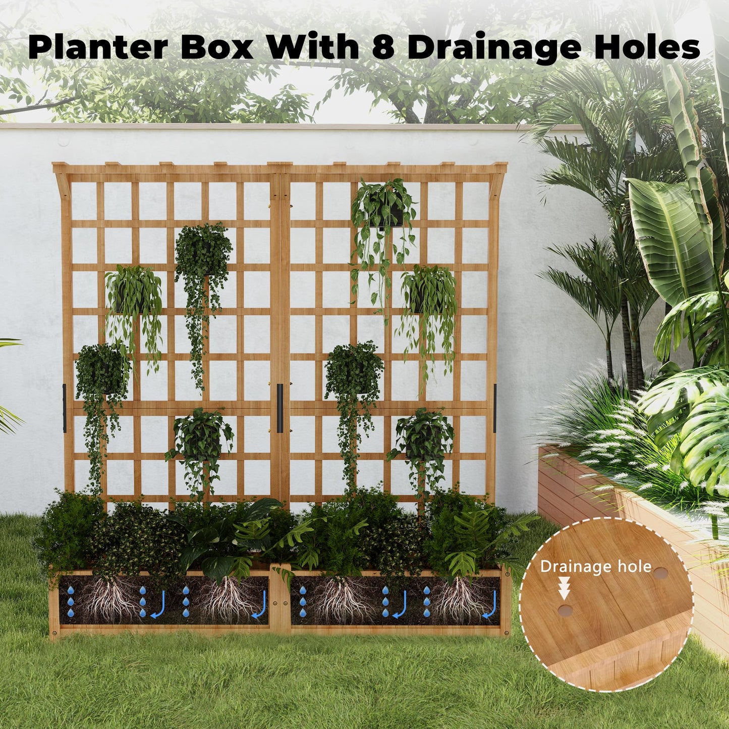 GarveeLife Two-Tier Wooden Planter Box with Trellis for Outdoor Gardens, Elevated Raised Bed for Flowers and Vegetables, 1.4 ft Deep Planter with Hanging Roof & Drainage Holes
