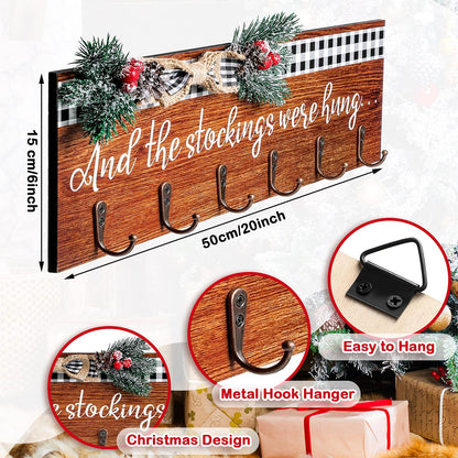 Christmas Stocking Holder with 6 Hangers The Stockings were Hung Wooden Sign Xmas Wall Hanging Sign Wall Mount Hook Holder Decorative Wood Stocking Hanger for Mantle(Retro Style)