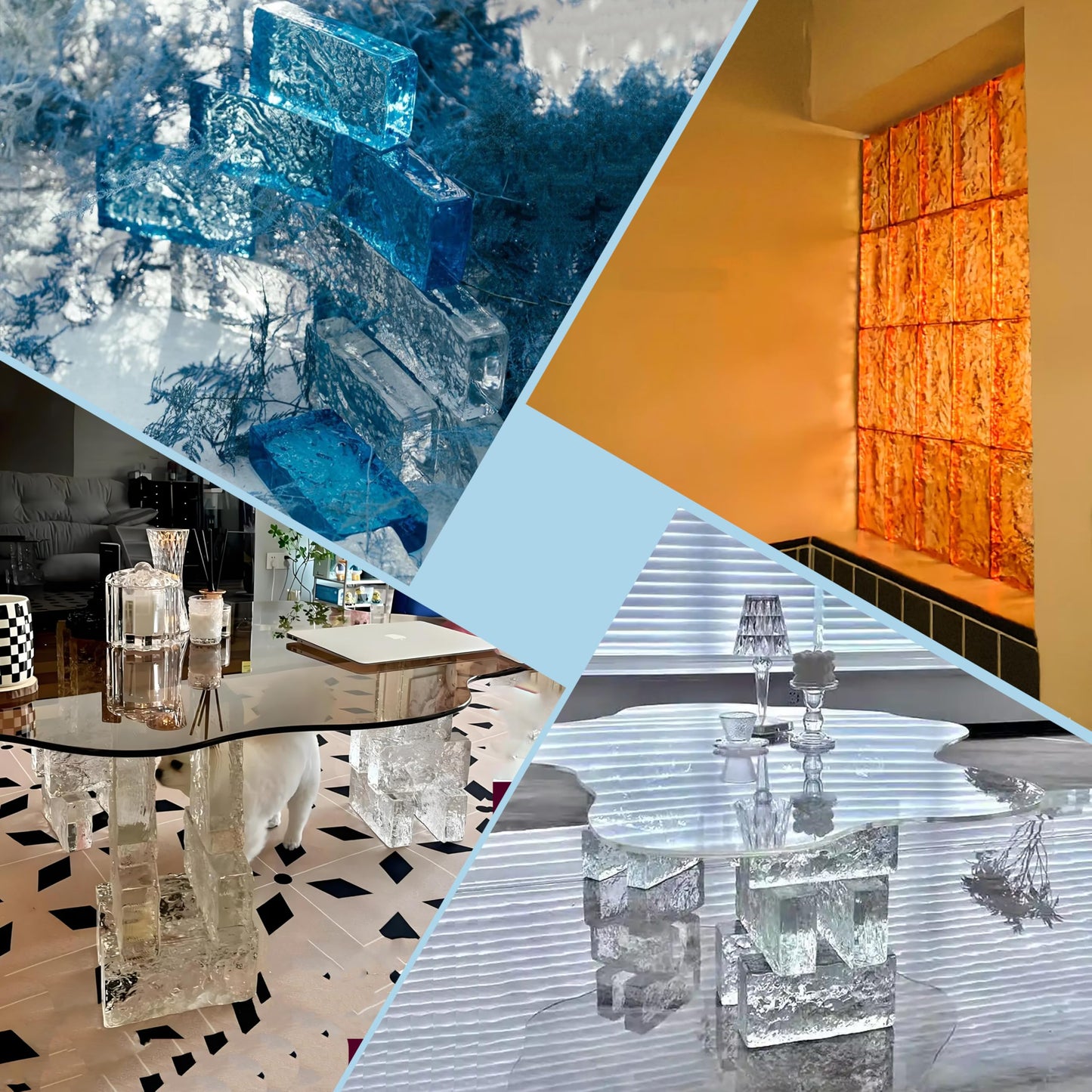 4 Pack-7.9"x3.9"x2" Turquoise Glass Block-ice Crystal Patterned Rectangular Solid Glass Brick - Used in Building Fields Such as Wall partitions, as Well as for DIY Lighting fixtures, DIY Tables etc.