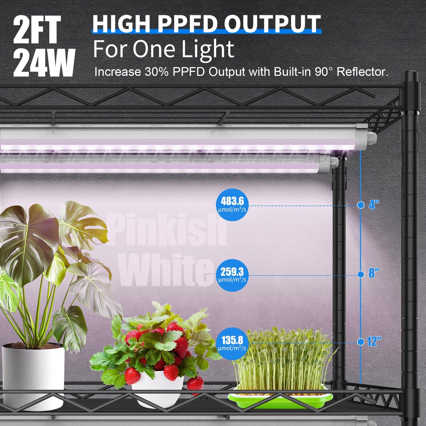 JESLED Waterproof Plant Grow Lights, 2FT Full Spectrum Grow Light, 48W(2 X 24W,300W Equiv), Linkable Led Grow Light Strip for Greenhouse, Plant Shelves, Plug and Play, Pinkish White, 2-Pack