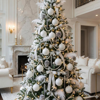 SLEETLY 28-Piece White Christmas Tree Ornaments – 12 Large 3.15” Shatterproof Glitter Snow Balls with 8 Icicles and 8 Snowflakes Set – Elegant Holiday Xmas Decorations for Farmhouse Winter Decor
