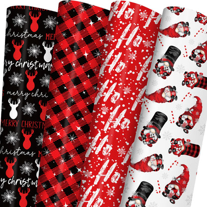 ZINTBIAL Christmas Wrapping Paper for Kids Adults - Xmas Wrapping Paper with Red/Black Plaid, Reindeer, Gnome, “Ho Ho” Words - 28 x 40 Inches, 6 Jumbo Sheets, Easy to Store