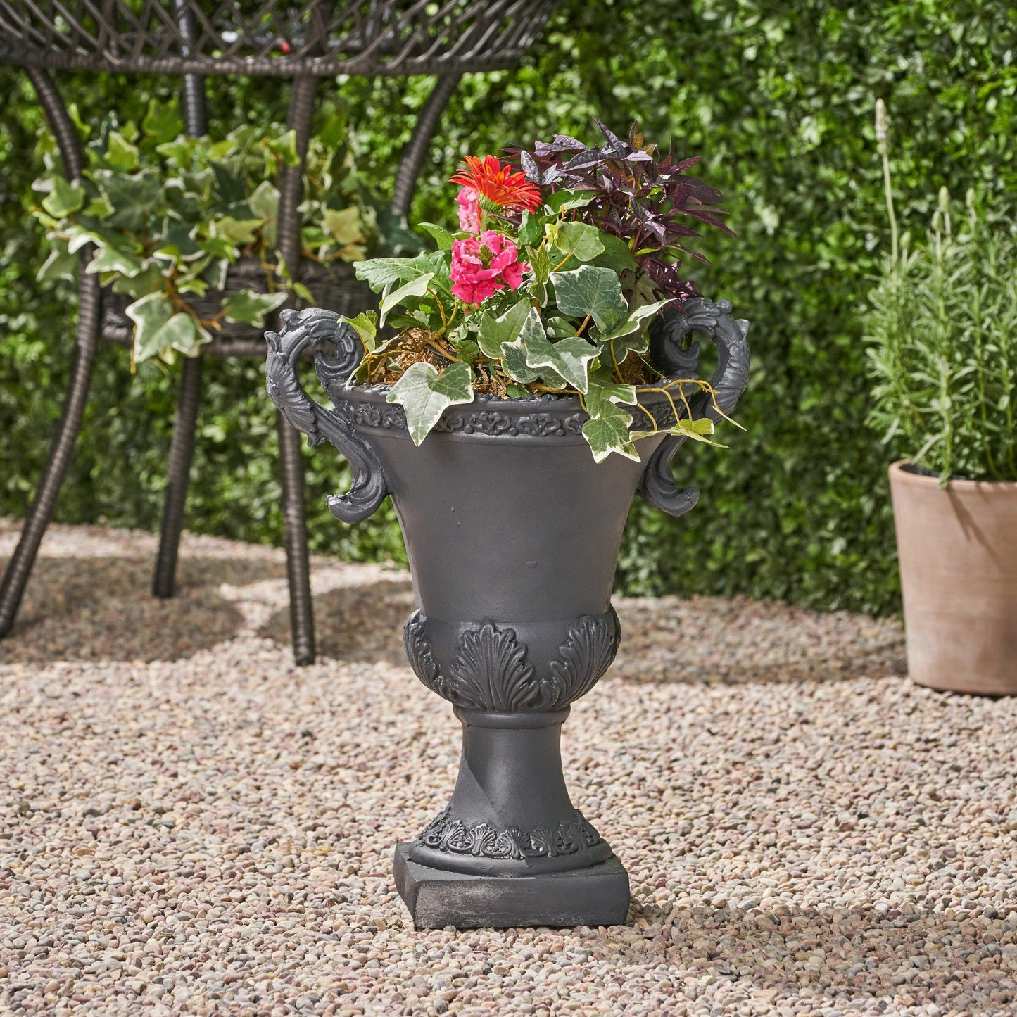 roomfitters Garden Urn Planter Decorative Planter for Indoor and Outdoor Spaces, Elegant Antique-Inspired Design, Durable MGO Construction, Black