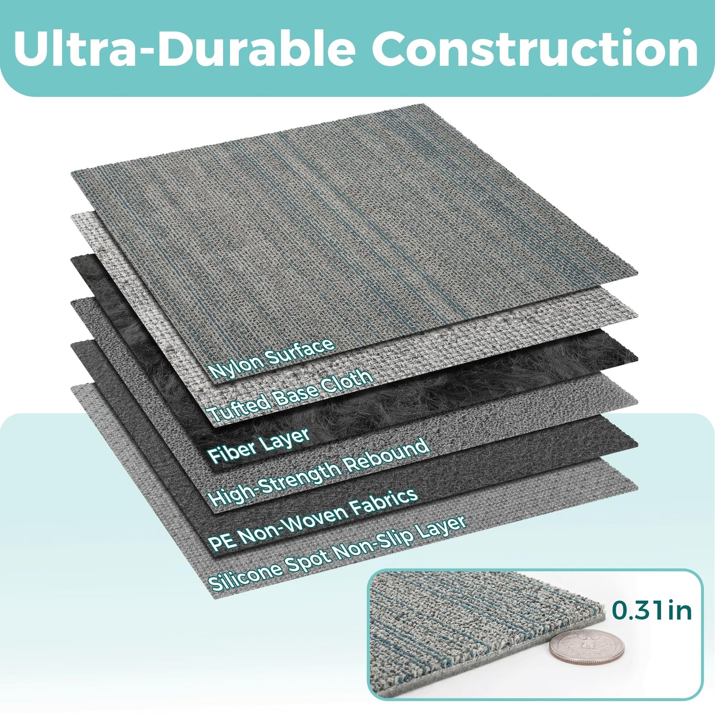 jxgzyy Commercial Carpet Tiles 20x20in, 0.31" Thickened Carpet Squares with Silicone Backing, Heavy Duty Carpet Floor Tiles with Padding Attached for Home Office Garage Hotel, 16 Pcs/43.2 Sqft