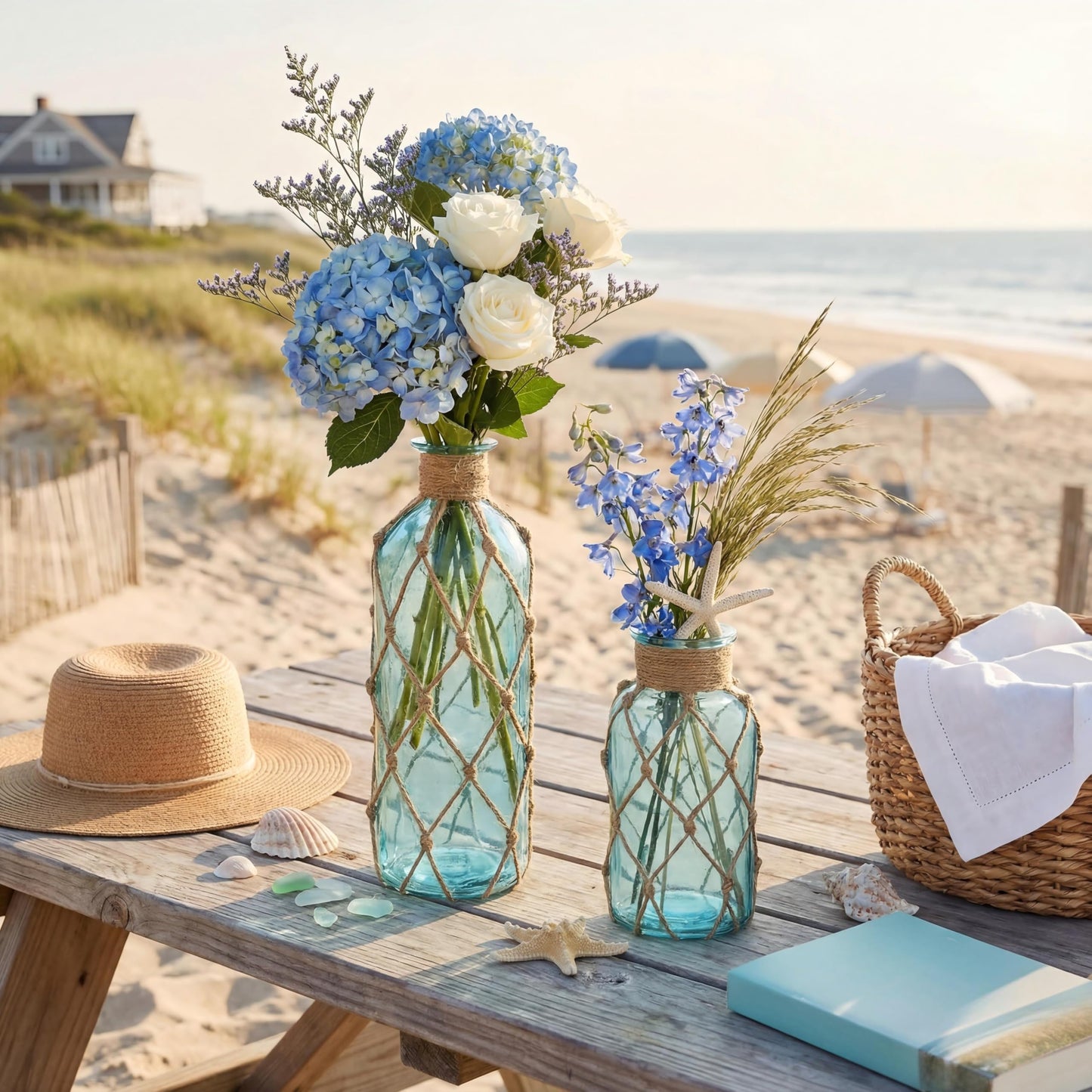 Chuangdi Set of 2 Coastal Glass Vases for Flowers TSITP Flower Vase with Boho Rope Small Sea Glass Jar Nautical Beach Bottle for Wedding Table Centerpieces Floral Arrangement Decor(Light Blue)