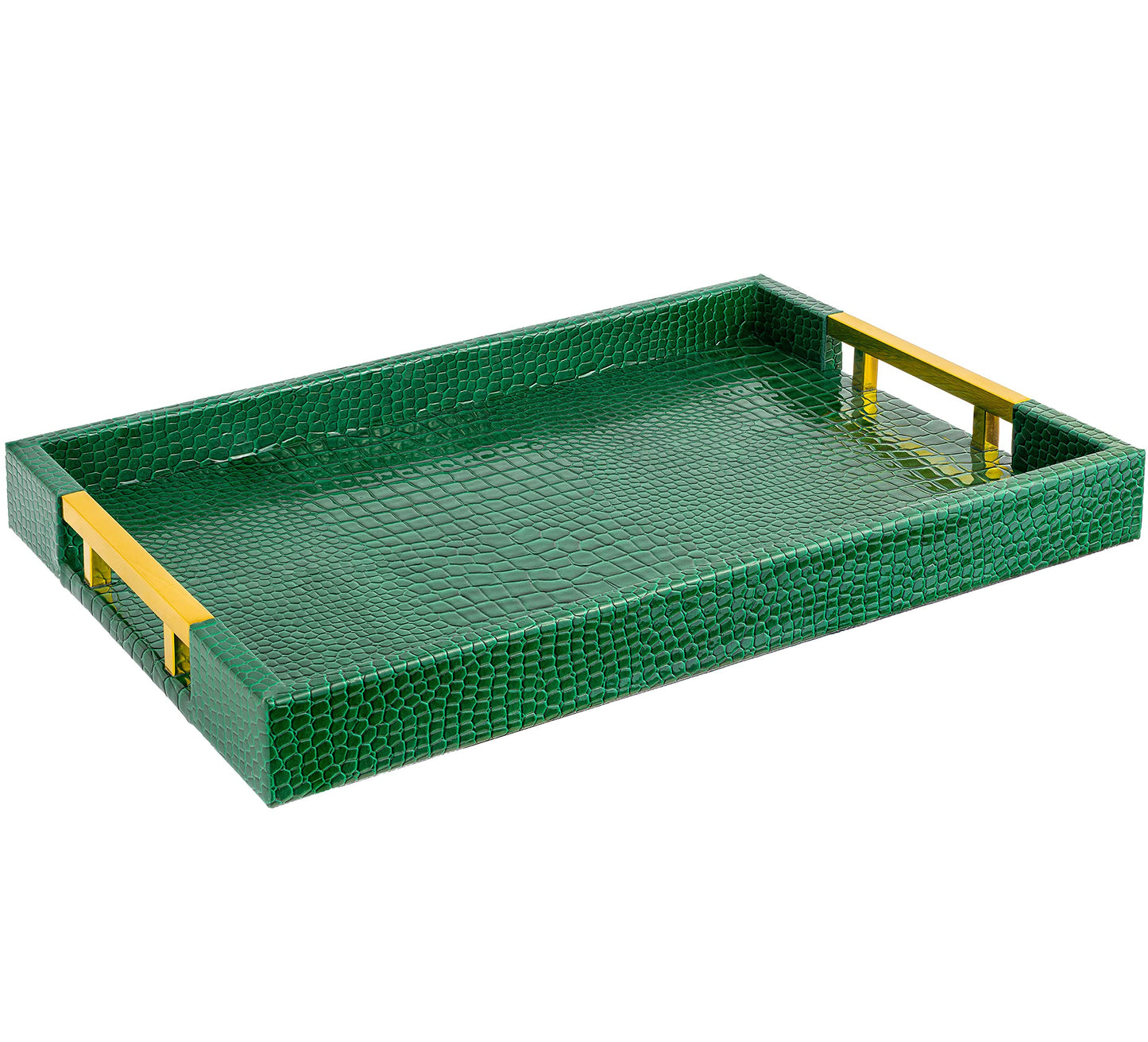 Luxury Modern Elegant 17.5"x12" Rectangle Crocodile Green Faux Leather Decorative Tray Ottoman Coffee Table Living Room Decor Kitchen Serving Tray with Gold Polished Metal Handles by Home Redefined