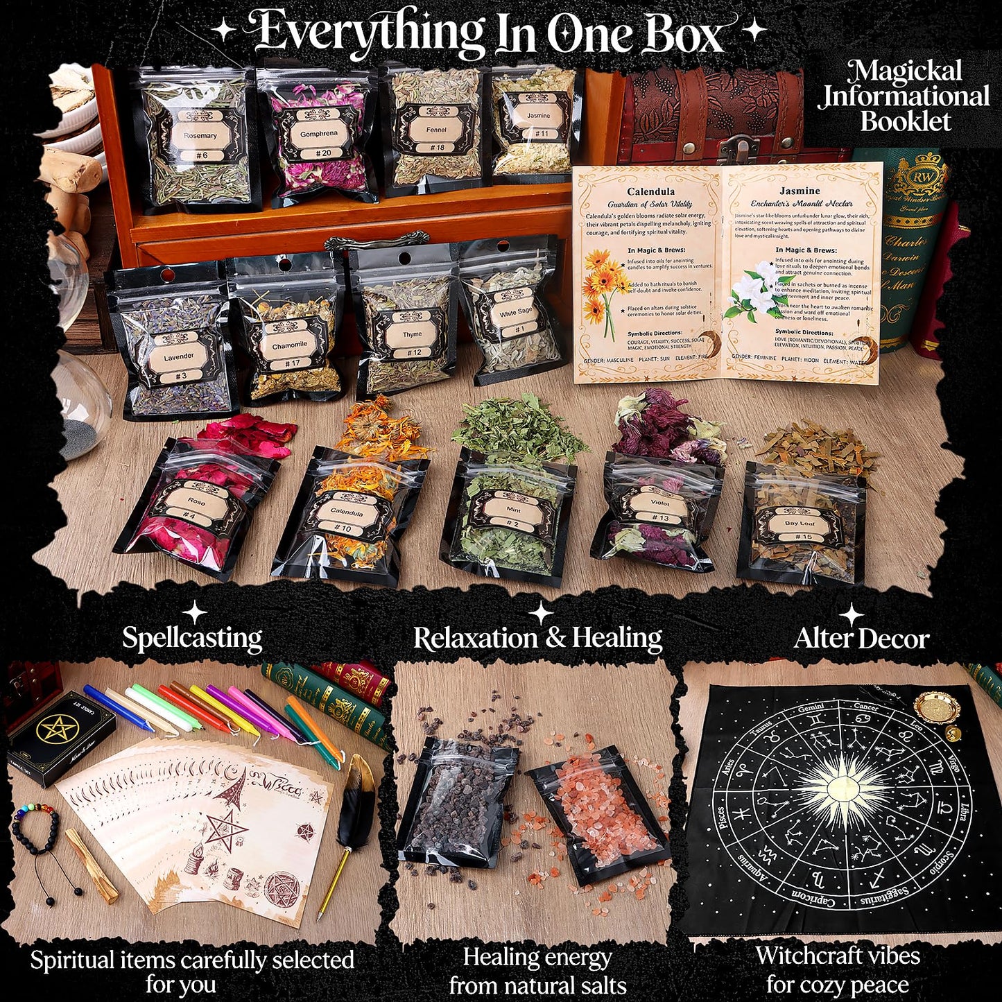 FLgengmh 90 PACK Witchcraft Kit for Beginners, Wiccan Supplies and Tools with Crystals Candles, Witch Altar Spell Set for Rituals,Energy Cleansing, Dried Flowers for Crafts, Witchy Gifts Box for Women
