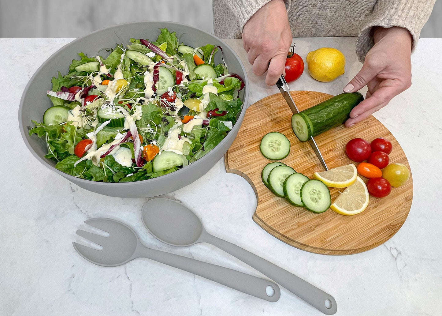11.5" Extra Large Salad and 8" Serving Bowl with Wooden Lid and Servers - Bamboo Fiber Wood Mixing Bowl Set with Utensils & Wooden Cutting Board Top for Fruits, Vegetable Salads, Pasta (8pc Set) Grey