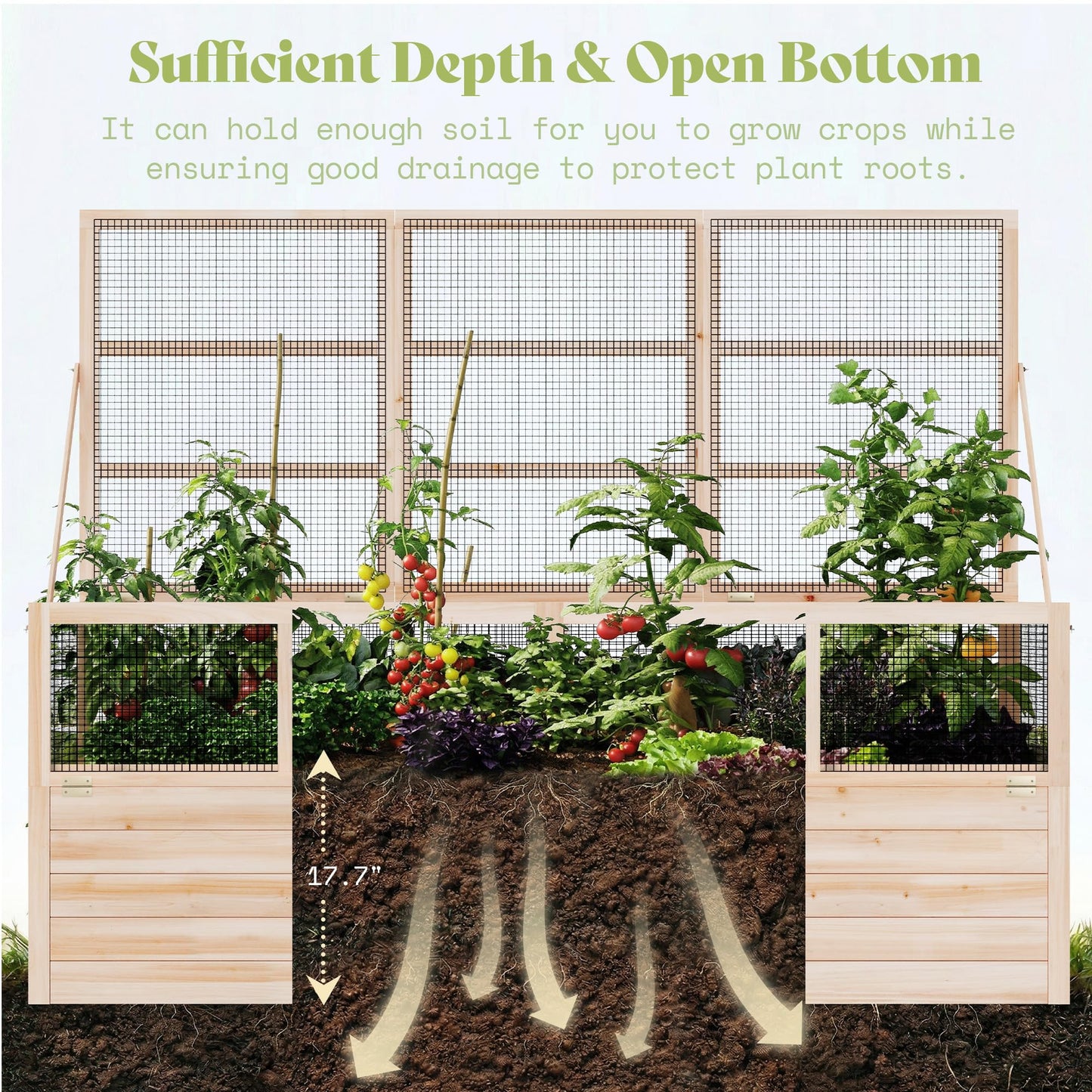 AMERLIFE Raised Garden Bed with Hinged Fencing and Trellis, 18 Inch Deepened Wood Planter Box, 2 PCS Flip-up Front Panel, Easy Assembly, Ideal for Seed Starting and Growing Vegetables & Fruits