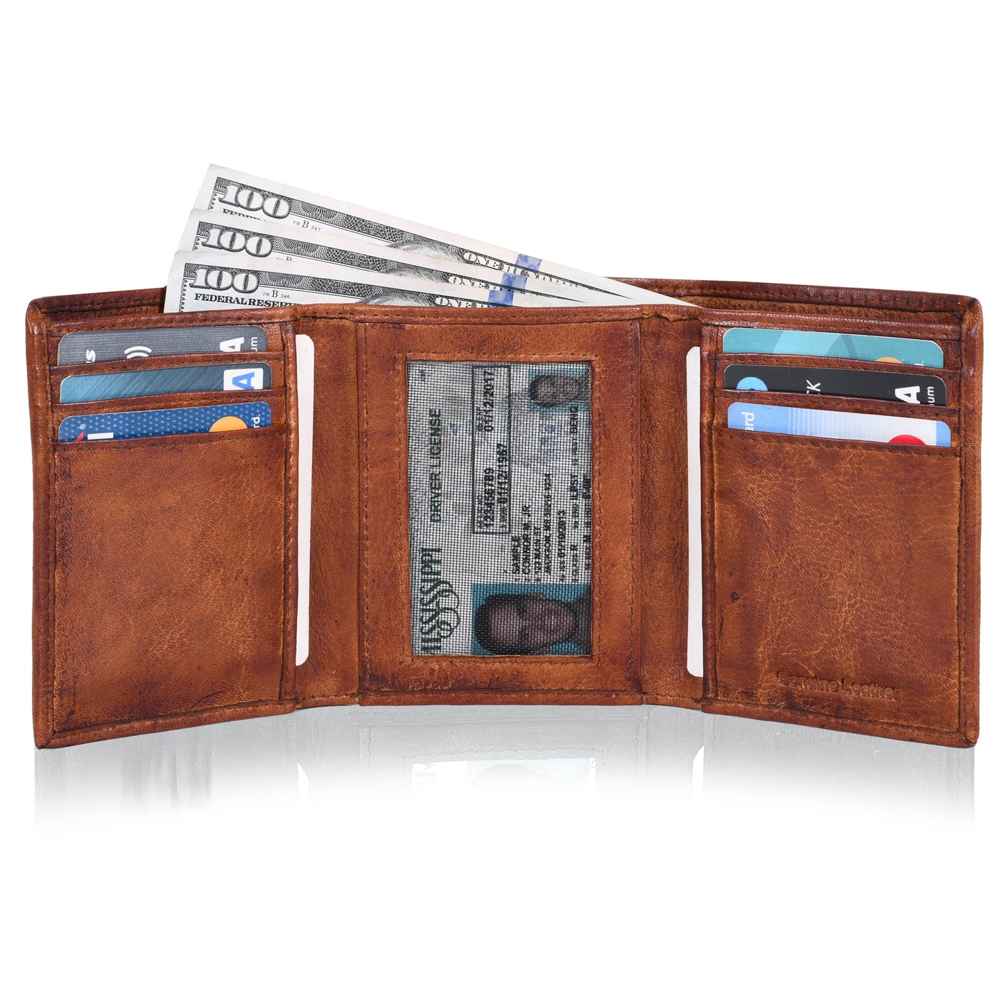 Tri fold Leather Wallet for Men with RFID | Slim Wallets for Men with 1 ID and 6 Credit card slots | Front Pocket Minimalist (Wash Tan)