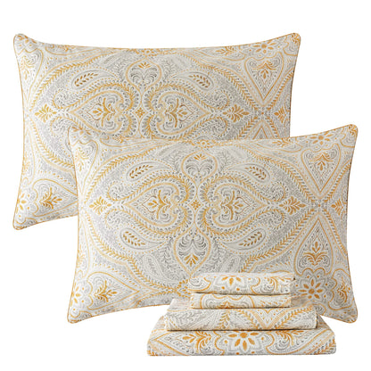 FADFAY Luxury Sheets Set Full Classical Damask Paisley Bedding Luxurious Gold Classy Paisley Bed Sheet Set Breathable 100% Cotton Ultra Soft Hypoallergenic Deep Pocket Fitted Sheet 4Pcs, Full Size