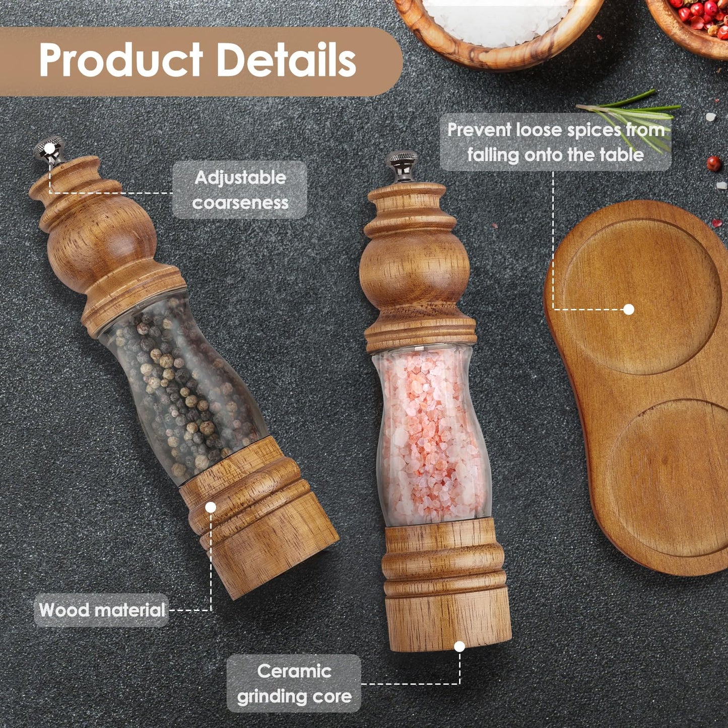 Foyucool Wooden Salt and Pepper Grinder Set with Wooden Tray and Spoon, 8 Inch Manual Salt and Pepper Mill, Adjustable Coarseness, Refillable with Ceramic Core for Spices, Clear Acrylic Chamber