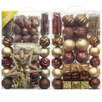 ITART 101pcs Christmas Tree Ornaments Assortment Burgundy Brown Champagne Gold Including Star Tree Topper Balls Nutcracker Figurines Snowflakes Poinsettia Flowers Bead Garland for Christmas Tree Decor