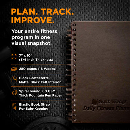 SaltWrap Daily Fitness Planner - Gym Workout Training Log, Weightlifting Exercise Journal, and Food/Diet Tracker - Daily and Weekly Pages, Goal Tracking, Spiral-Bound, 7 x 10 inches