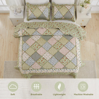 VIVILINEN Full Queen Size Green Patchwork Quilt Set Reversible Quilted Bedspread Coverlet Set 3-Piece Floral Lightweight Comforter Stitched Bedding Set Bed Sheet Set Cover Blanket with 2 Pillow Shams