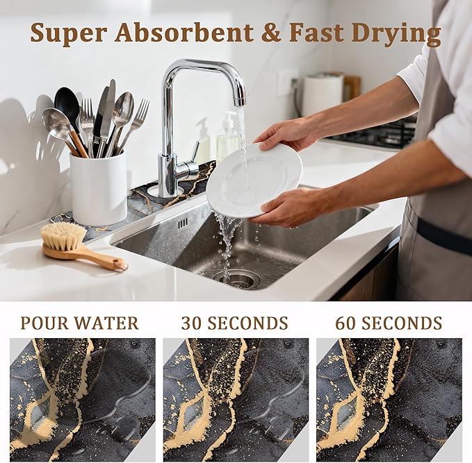 Stone Faucet Mat for Kitchen Sink, 23.6" Fast Drying Around Faucet Diatomite