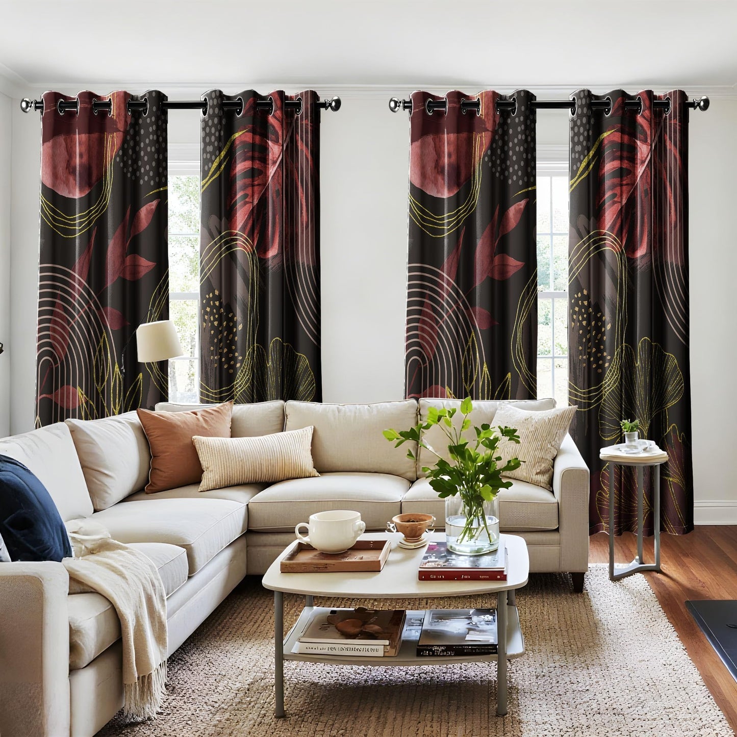 soeeao Boho Dark Brown and Gold Leaf Blackout Curtains, Bohemian Mid Century Modern Chocolate Brown Palm Window Drapes for Bedroom Living Room, 63 inch Length 2 Panels Set, 52x63 inch