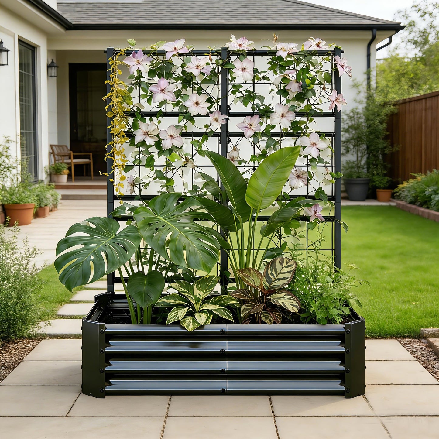 Galvanized Raised Garden Bed with Trellis for Climbing Plants Outdoor,Metal Vertical Garden Planter Box for Patio,Heavy Duty Elevated Garden Bed for Vegetables Tomatoes Cucumbers Flowers Herbs,Black