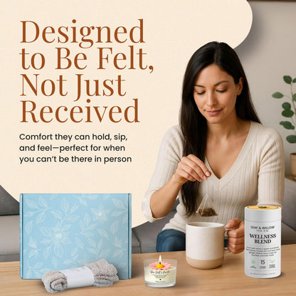 Wellness Tea Care Package for Women – Relaxation & Self-Care Gift Box with Cozy Cloud Socks, Ceramic Mug, Hand-Poured Candle & Sending Hugs Card (Wellness Blend)