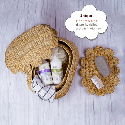 LUSYDECO Set of 2 Wicker Storage Baskets with Lid, Rattan Basket Decorative Boxes, Woven Storage Box Hyacinth Basket with Lids, Small Scalloped Edge Wicker Baskets with Lids