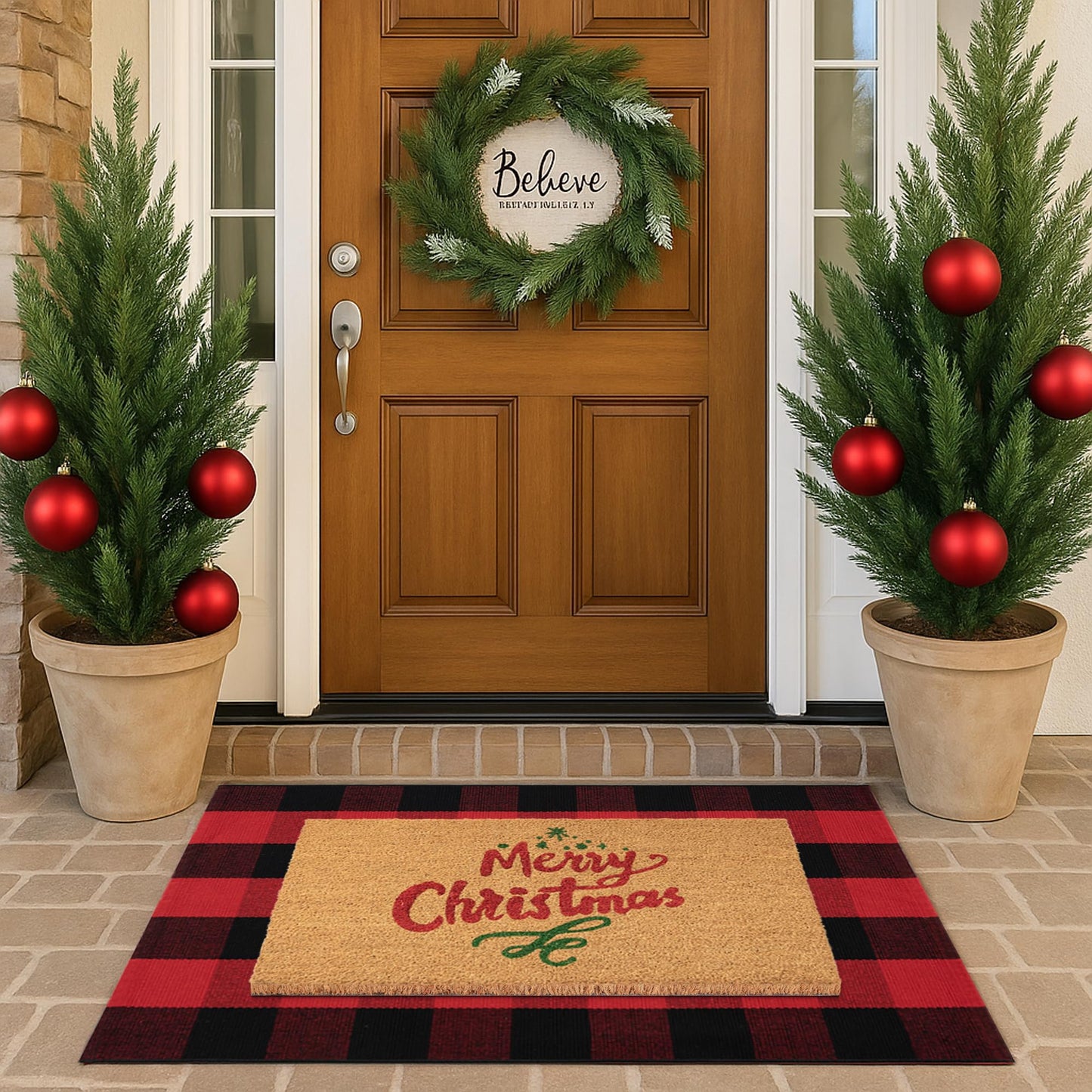 Christmas Door Mat Combo Set - 100% Coco Coir Welcome Mat + 28 x 43 Inch Red and Black Plaid Rug, New Year Holiday Christmas Collection Doormat for Front Porch Entryway Decor