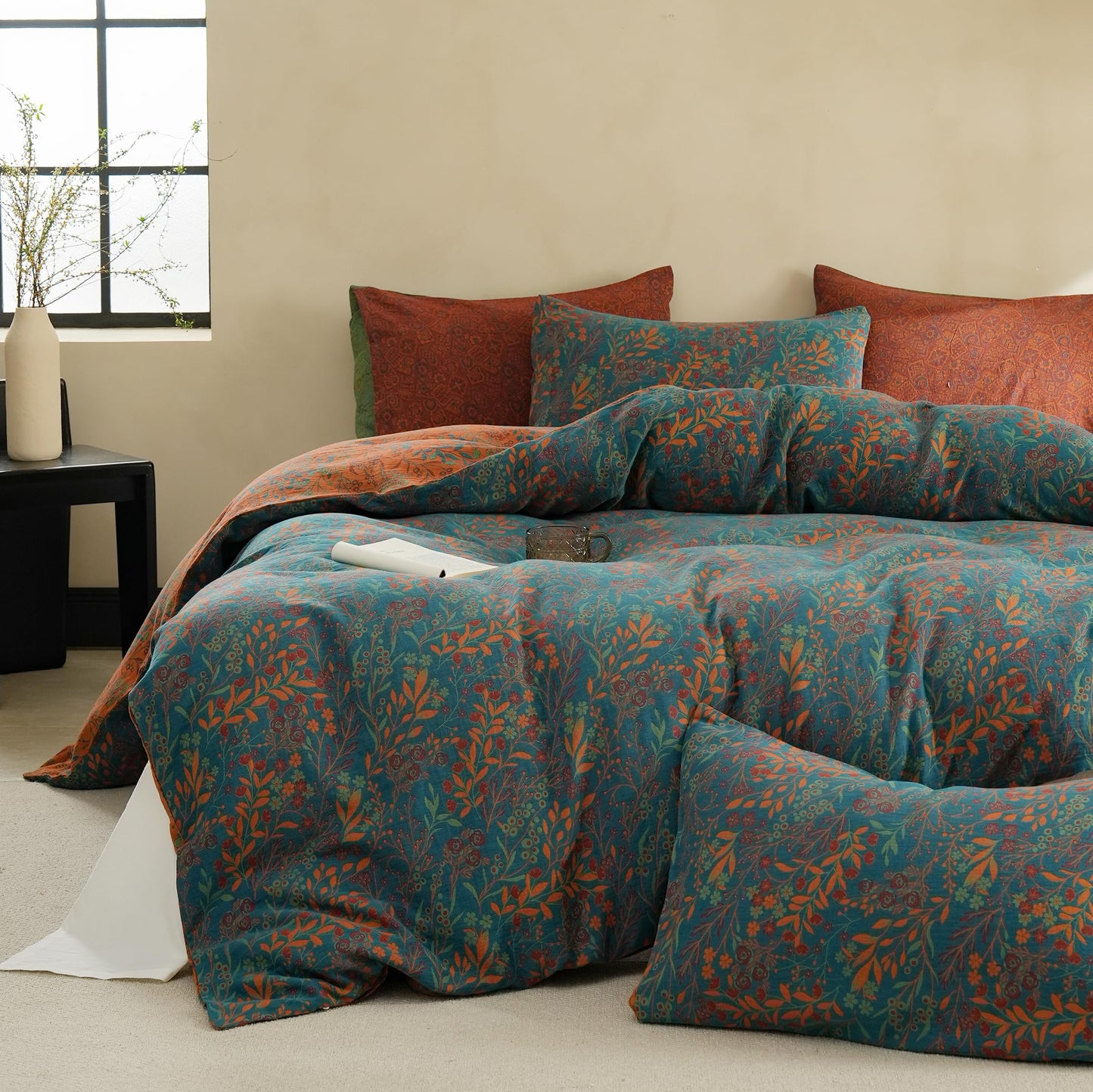 BISELINA 100% Cotton Muslin Duvet Cover Set Queen, 3 Pcs Yarn-Dyed Jacquard Textured Reversible Floral Design, Soft and Breathable Bedding Set with Zipper Closure, Blue Orange
