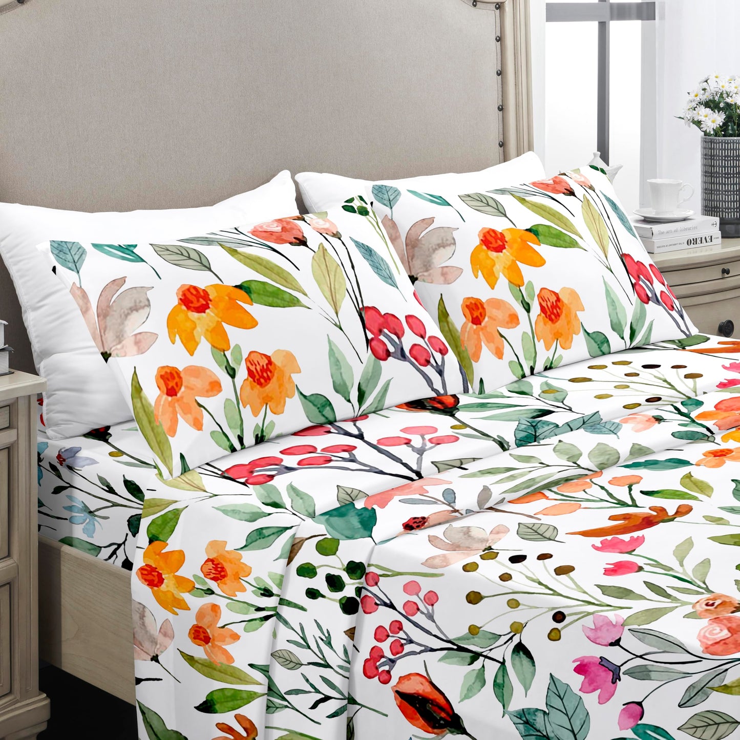 YIYEA Floral Sheets Twin Size, Premium Double Brushed Microfiber Bed Sheet Set for All Season, Soft Breathable, 16" Deep Pocket, Shrinkage and Fade Resistant, 3PC, Twin