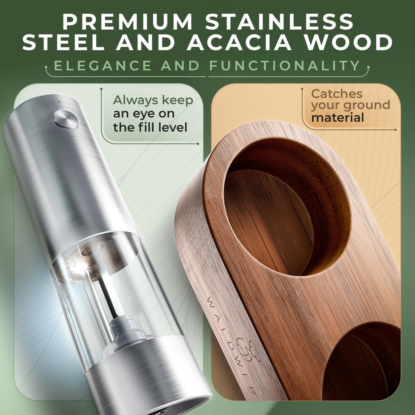 WALDWERK Electric Salt and Pepper Grinder Set (300 mAh Rechargeable Battery) - Salt and Pepper Shakers with Elegant Acacia Wood Stand – Rechargeable Automatic Salt and Pepper Grinder Set