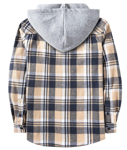 ZITY Men's Flannel Hoodie Shirts Casual Button Down Plaid Shirt Jackets for Men Long Sleeve Stylish Hooded with Pocket Navybeigewhite Large