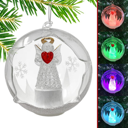 Angel with Red Heart Lighted Christmas Ball Ornaments - Hand Painted Glittery Snowflakes - Color Changing - 4 Hour Timer - 4" Diameter