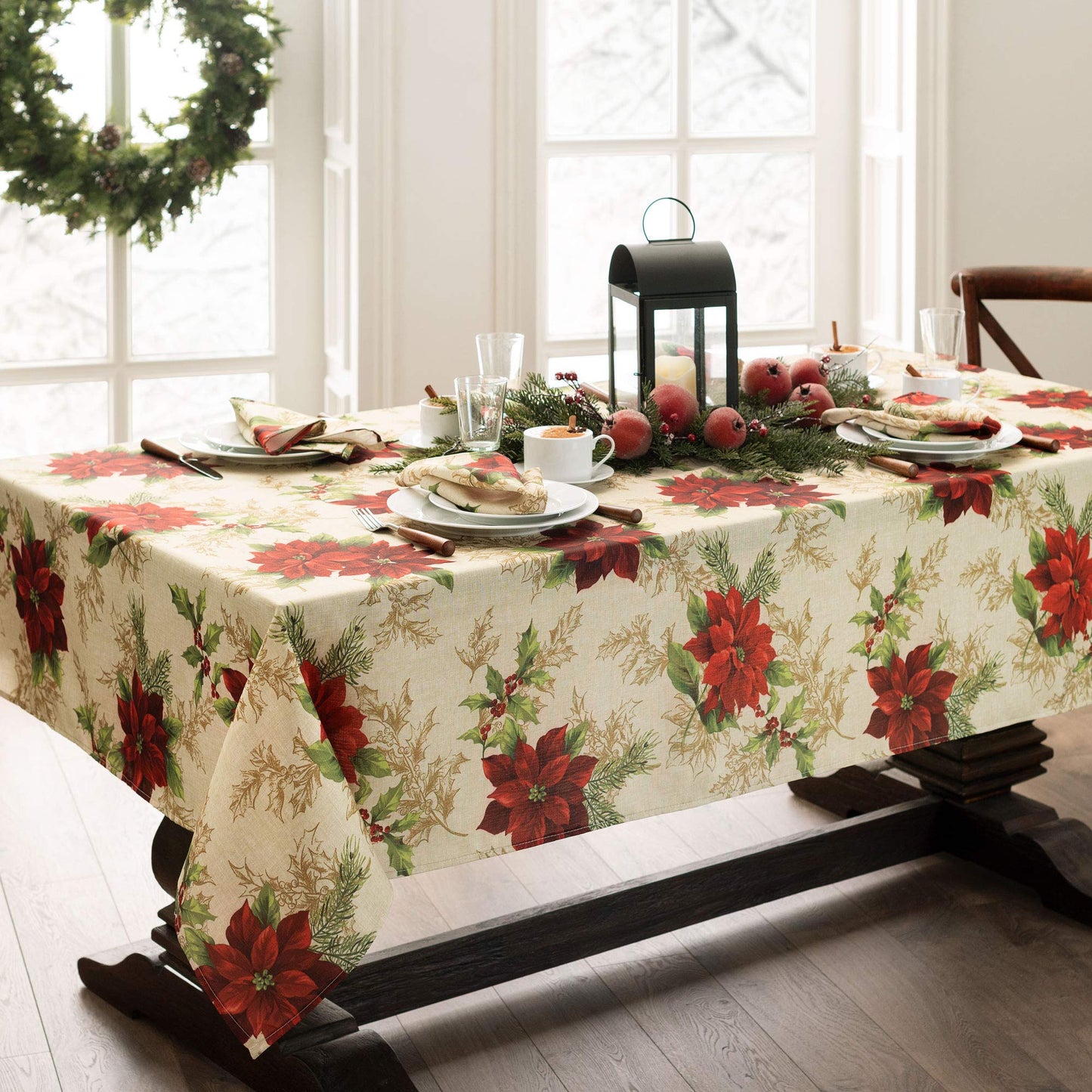 Elrene Home Fashions Festive Poinsettia Holiday Wrinkle Resistant Fabric Tablecloth, Multi, 60"x120" Rectangle