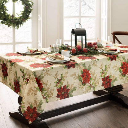 Elrene Home Fashions Festive Poinsettia Holiday Wrinkle Resistant Fabric Tablecloth, Multi, 60"x84" Rectangle