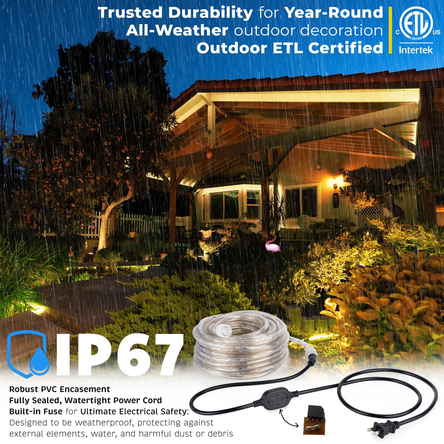 WYZworks 1116LEDs, 100ft LED Outside Rope Lights, Waterproof Permanent Outdoor ETL Certified Connectable Clear Tube, Christmas Palm Tree Holiday Decorative Landscape Patio Accent Lighting - Warm White