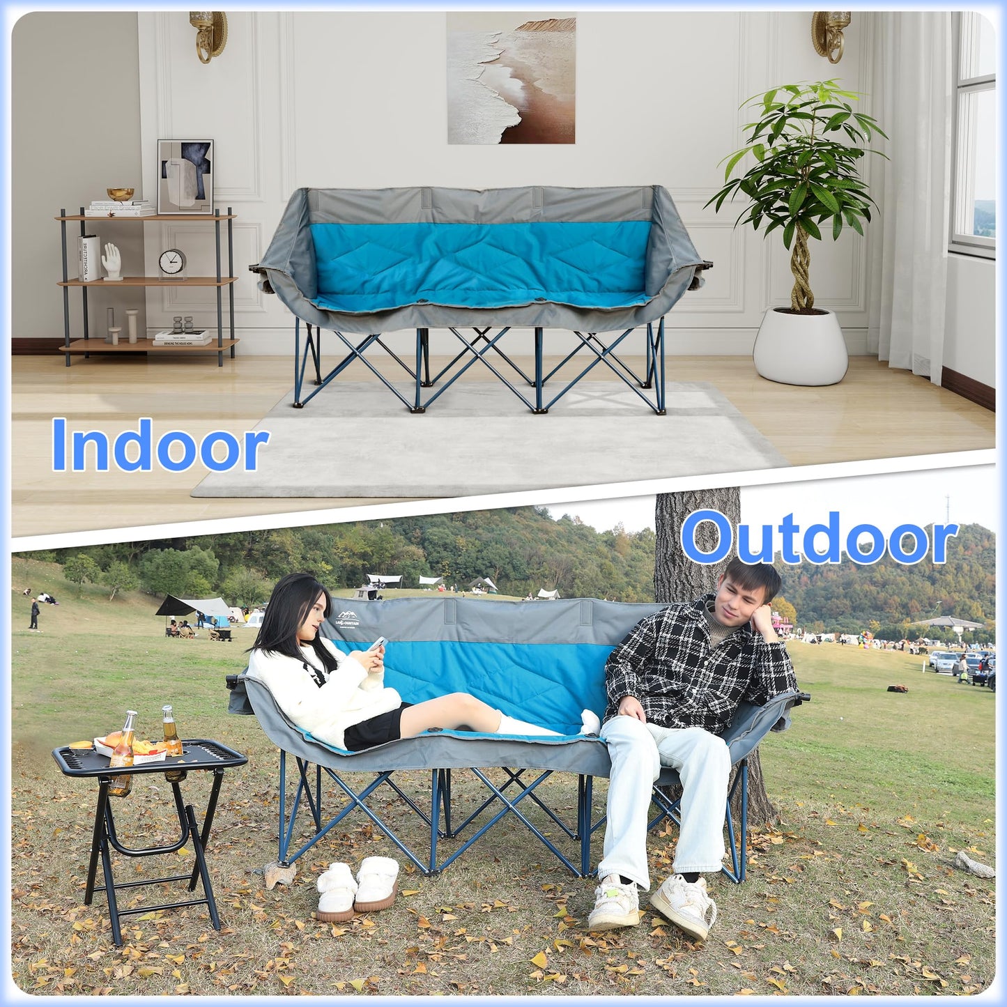 LANMOUNTAIN 3 Person Camping Chairs,Supports 900Lbs,Oversized Loveseat Camp Chair w/Cup Holder,Wine Glasses Holder,Heavy Duty Extra Large Outdoor Folding Sofa Perfect for Family Picnic,Parties,Garden