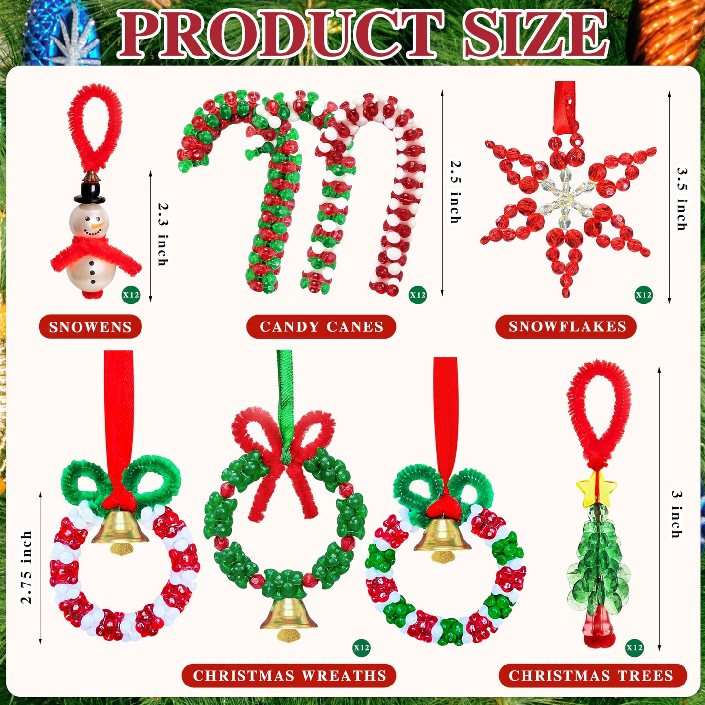 Christmas Beaded Craft Kit for Kids - 60 Pc Ornament Set, Tree Decorations (Snowman, Christmas Tree, Wreath, Snowflake, Candy Cane Each x12)