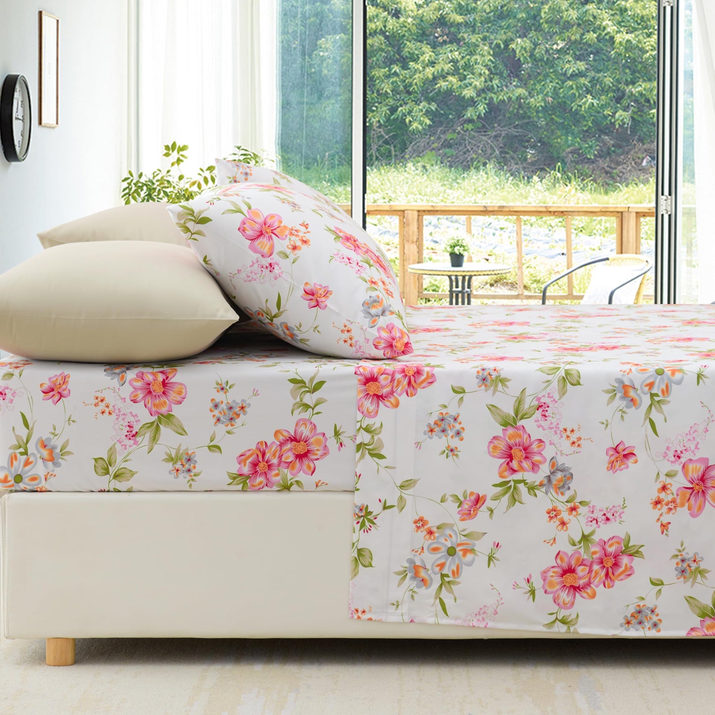 Spirit Linen home 6-Piece Twin Size Bed Sheet Set - Deep Pocket, Floral Print Design, Soft and Breathable Bed Sheets, Microfiber Material, Includes 1 Fitted, 1 Flat, 4 Pillowcases - Pink/Green Floral