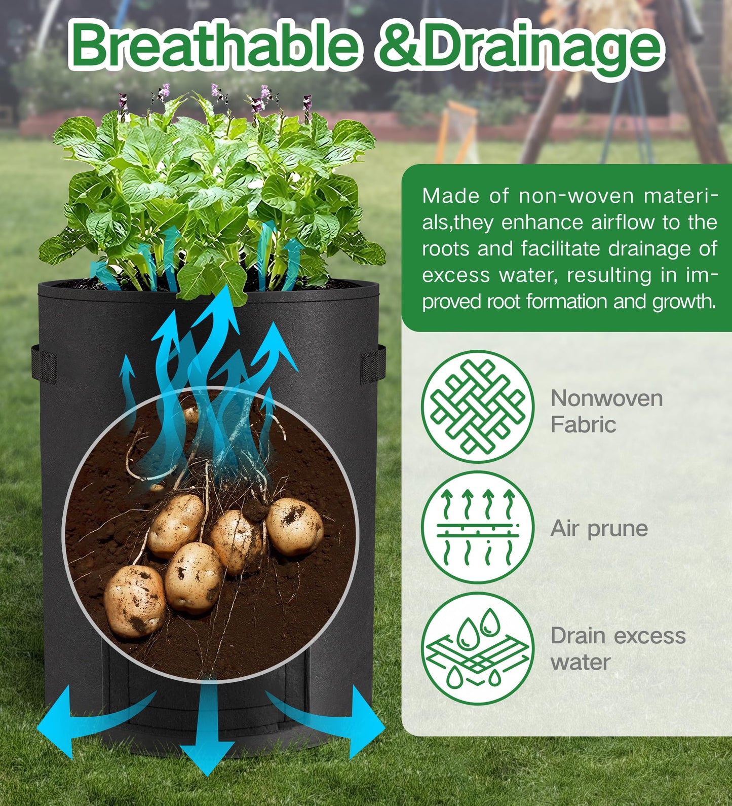 Moyios 6-Pack 15 Gallon Potato Grow Bags – Durable Nonwoven Fabric Planters with Reinforced Handles | Reusable Garden Containers for Potatoes, Vegetables (Black, 15 Gallons/6 Pack)