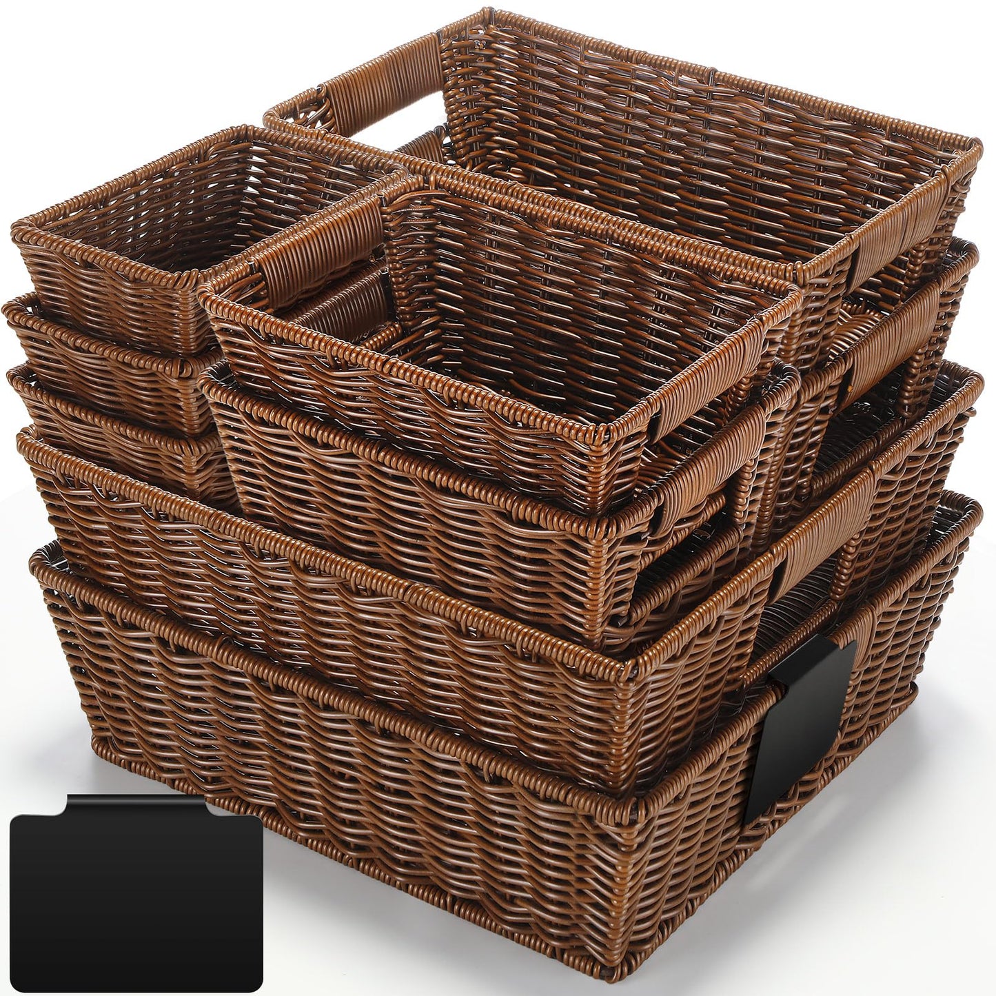 Marsui 9 Pcs Wicker Storage Baskets for Pantry Organization with Handle Labels Handwoven Multi-size Dark Brown Small Organizer Baskets Storage Bin Container for Shelves Closet Toilet Christmas Holiday