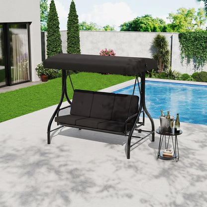 3-Seat Outdoor Porch Swing with Adjustable Canopy, Patio Swing Chair with Stand, 800 Lbs Heavy Duty Steel Frame, Reclines to 180° Swing Bed, Cup Holder Trays, Cushions & Pillows for Garden, Black