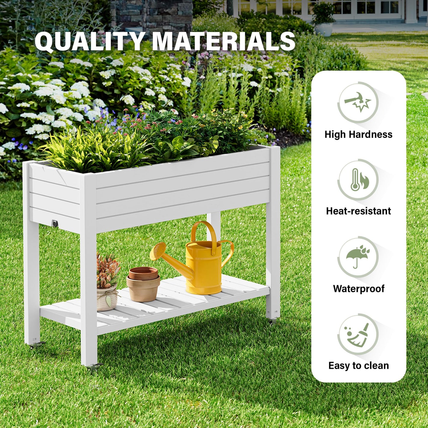 WTFGO Raised Garden Bed with Wheels, Divisible Resin Planter Box with Drainage Gauge & Storage Shelf, Herb Planter for Garden Patio Backyard, Ashen (33.7" h)