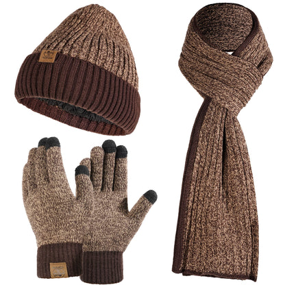 Winter Beanie Hats Scarf Gloves Set for Men and Women, 3 PCS Fleece Lined Knit Skull Cap, Touch Screen Mittens with Long Warm Scarf for Cold Weather Christmas Gifts