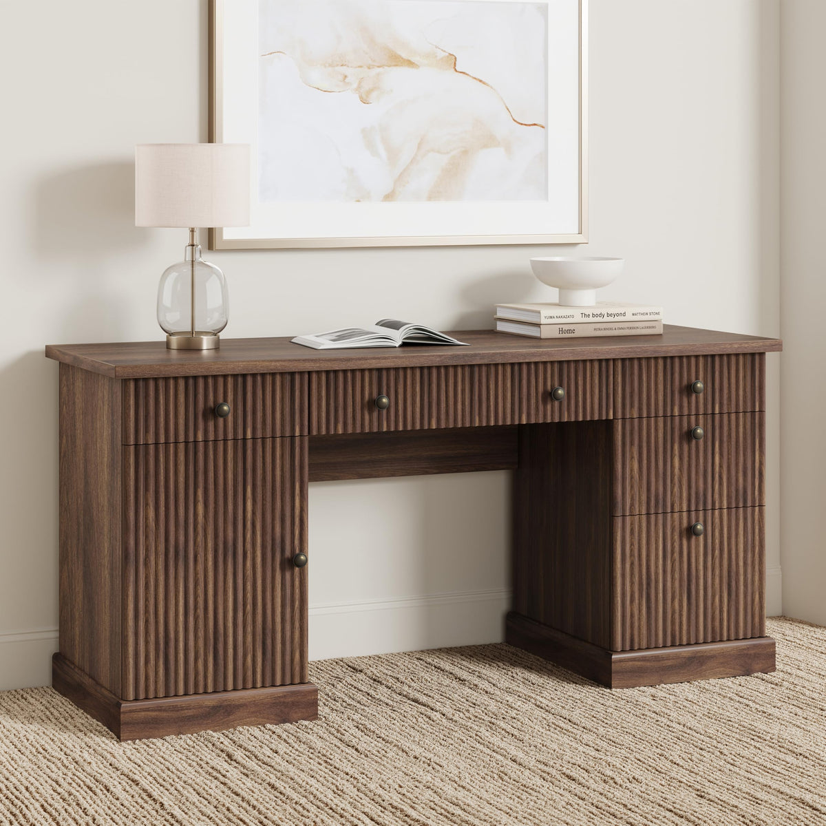 Garvee 60" Office Desk with Storage & Drawers. Fluted Wood Computer Desk with Power Outlet & Adjustable Shelves.Modern Executive Desk for Home Office/Bedroom/Gaming-Brown