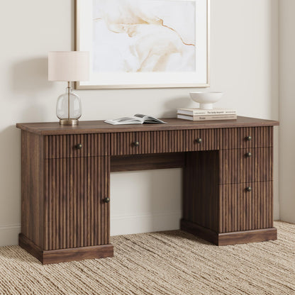 Garvee 60" Office Desk with Storage & Drawers. Fluted Wood Computer Desk with Power Outlet & Adjustable Shelves.Modern Executive Desk for Home Office/Bedroom/Gaming-Brown