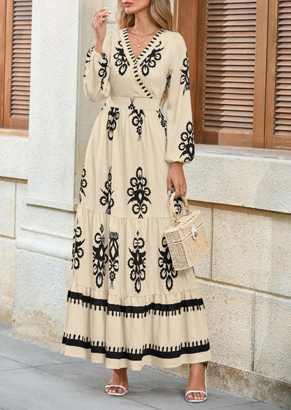 PRETTYGARDEN Women's 2025 Fall Wedding Guest Dresses Boho Floral Long Sleeve V Neck Flowy Elegant Maxi Dress Beach Clothes