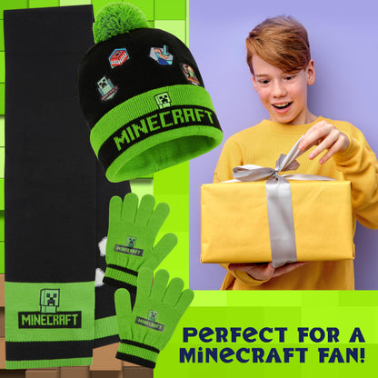 Minecraft Boys Beanie Hat Gloves And Scarf Set, Winter Accessory Set - Boys Gift (One Size, Green/Black Character)