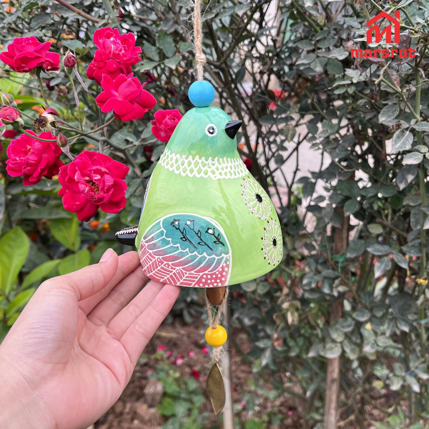 Bird Song Bell Wind Chime, Ceramic Cardinal Fashion Hanging Windchimes for Rustic Music Garden Backyard Church Decoration Porch Outside Outdoor Festival Memorial Gift Witness Friendship (Green)