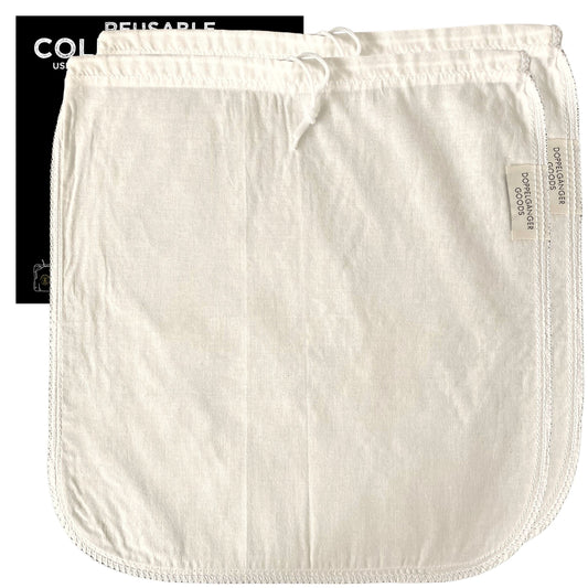 (2-Pack, Large 12in x 12in) Organic Cotton Cold Brew Coffee Bag - Designed in California - Reusable Coffee Filter with EasyOpen Drawstring Cold Brew Maker for Pitchers, Mason Jars, & Toddy Systems