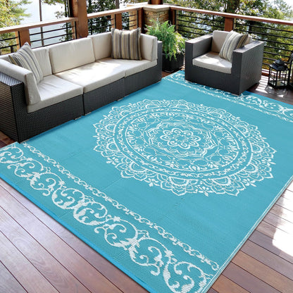 GlowSol Outdoor Rug 9x18 ft, Reversible Waterproof Outdoor Plastic Straw Rug, Oriental Medallion Patio Rug, Large Outdoor Carpet, RV Mat Outside for Patio, Camp, Picnic, Balcony, Deck, Backyard,Blue